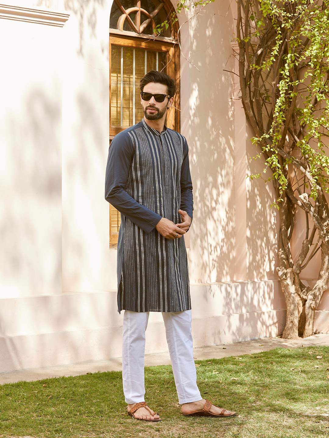 Men Navy Blue with Stripes Pintex Design Sequins Cotton Kurta with Pajama