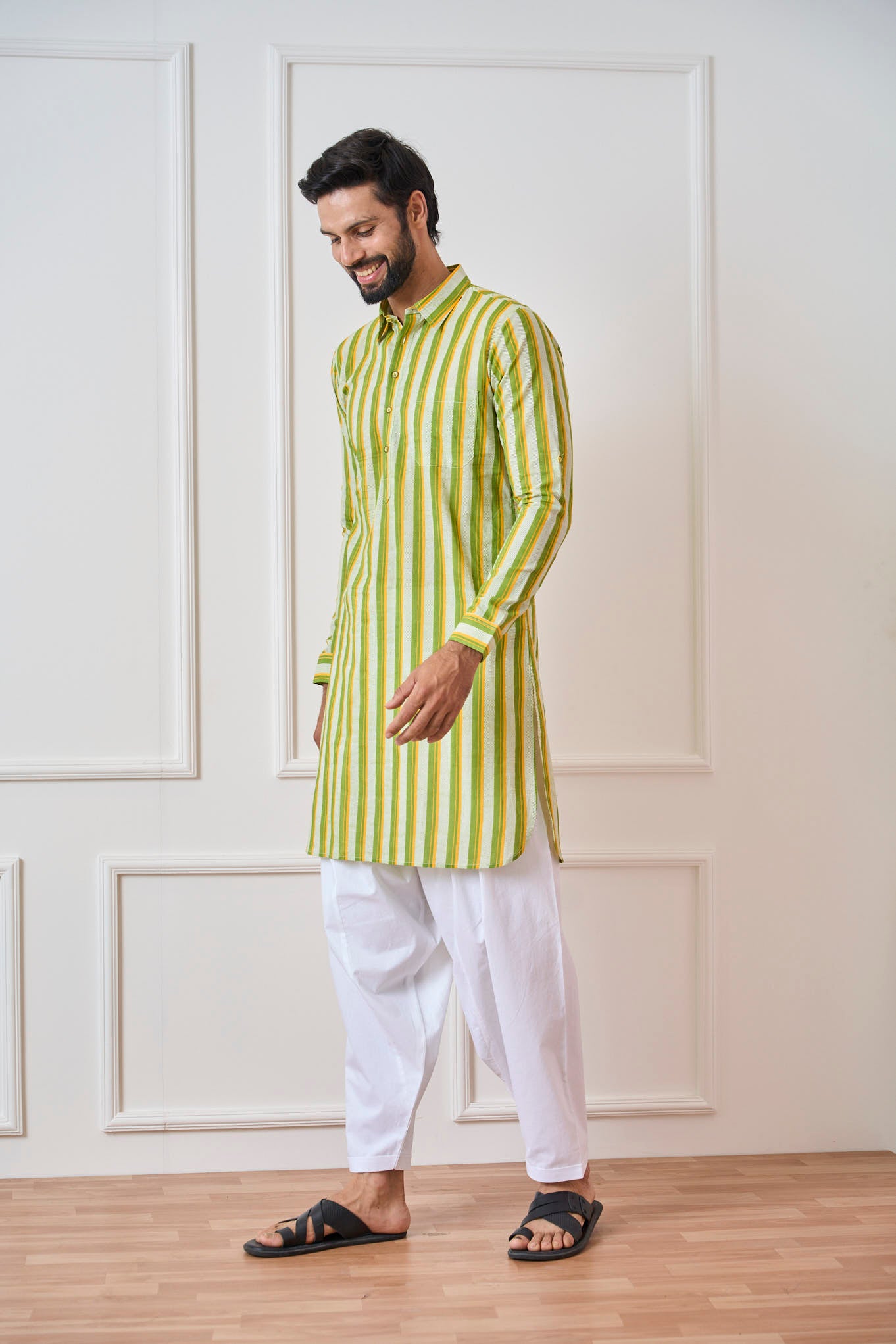 Riwaat.com Men Lime Green Regular Pure Cotton Pathani Kurta Riwaat Floral Mehendi Pathani