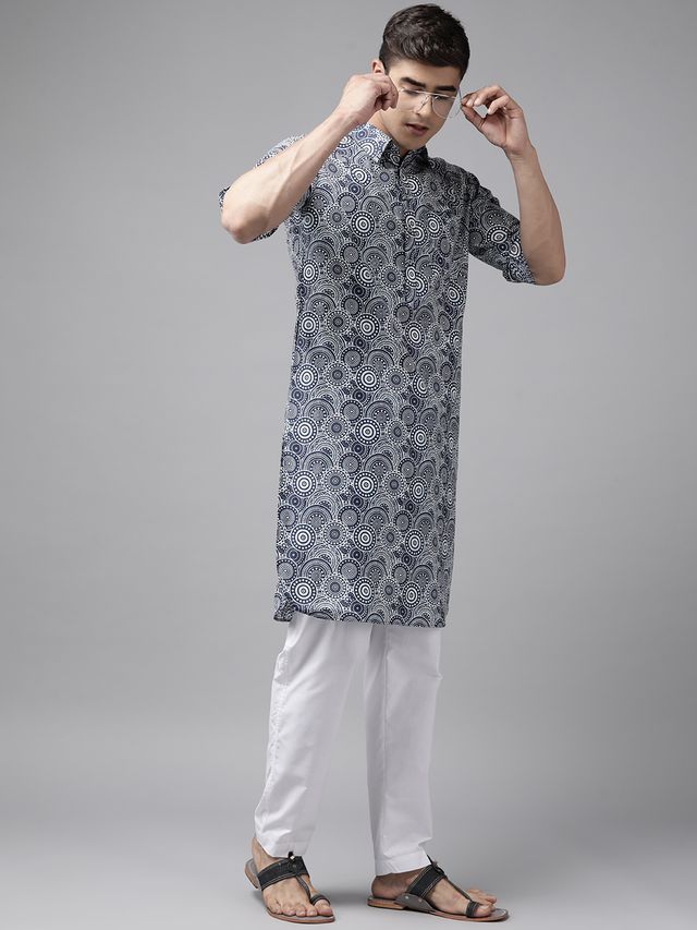 Men Blue Regular Pure Cotton Pathani Printed Men's Kurta