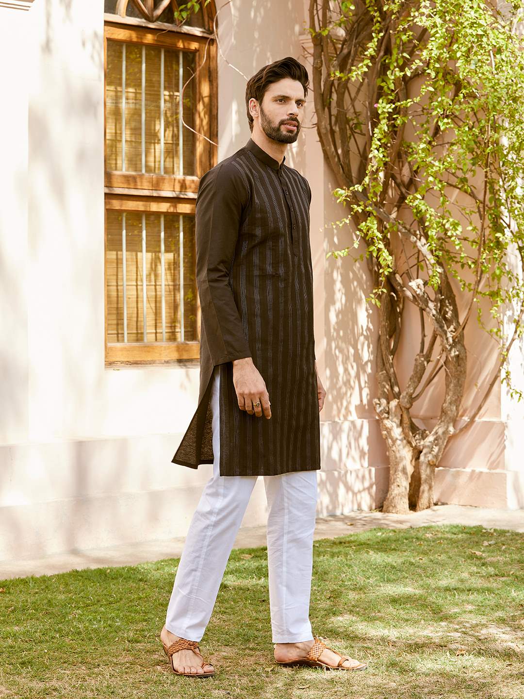 Men Deep Black with Subtle Grey Stripes Pintex Design Thread Work Cotton Kurta With Pajama