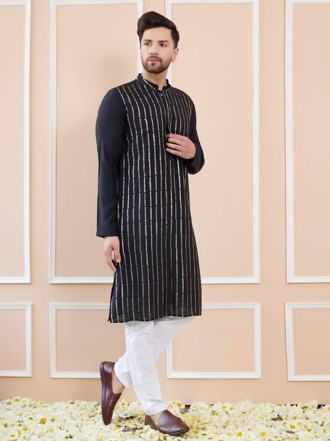 Men Deep Black with Gold Accents Chanderi Silk Sequins Kurta With Pajama