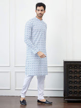 Men White with Blue Geometric Pattern Chikankari Embroidered Cotton Kurta Set