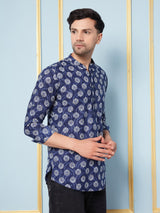 Men Blue White Indigo Printed Cotton Short Kurta