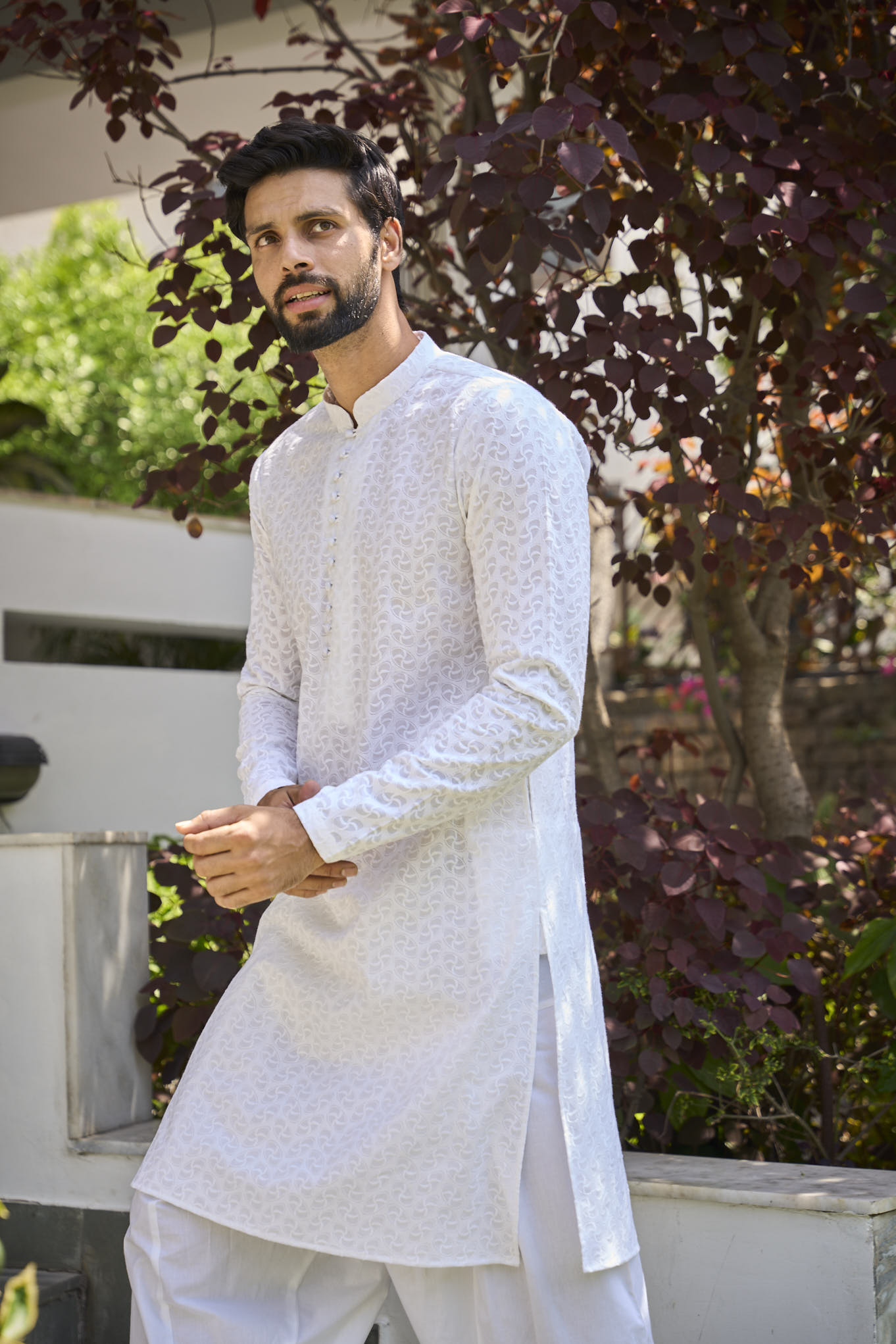 Men White Celestial Wave Chikankari Embroidered Straight Kurta