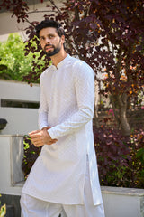 Men White Celestial Wave Chikankari Embroidered Straight Kurta