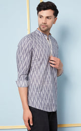 Men Grey & White ZigZag Printed Cotton Short Kurta