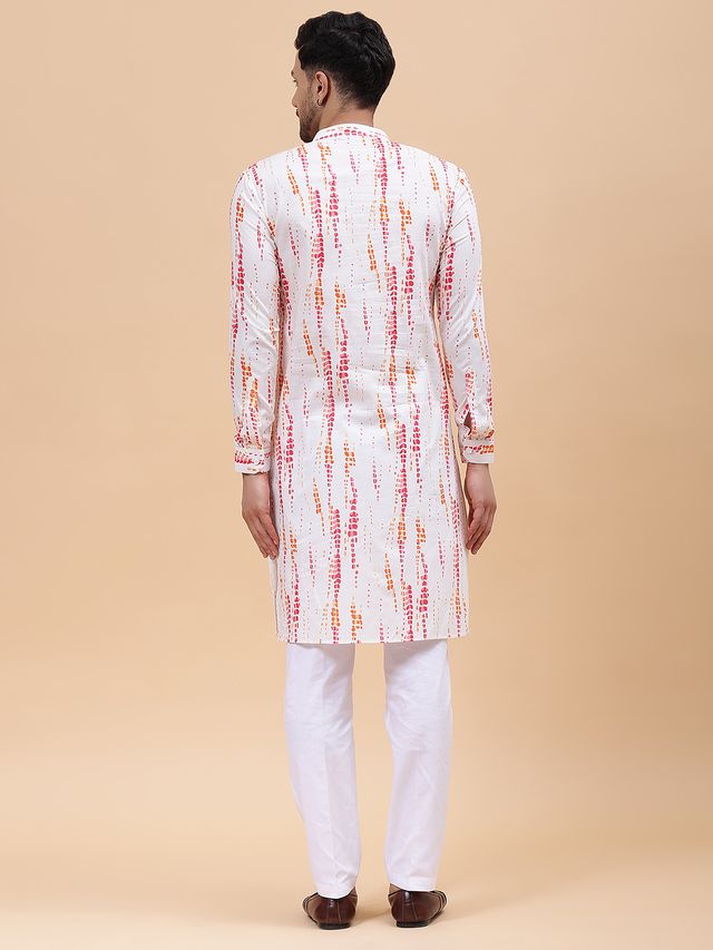 Men White & Pink Pure Cotton Printed Straight Kurta With pyjama