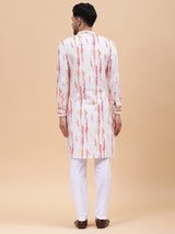 Men White & Pink Pure Cotton Printed Straight Kurta With pyjama