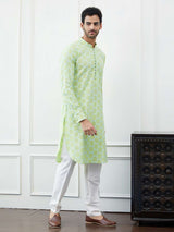 Men Light Green with Circular Pattern Embroidered Cotton Kurta Set