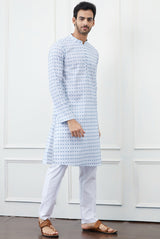 Men White And Blue Chikankari Embroidery Cotton Kurta