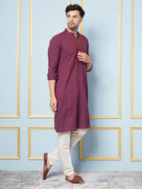 Riwaat.com Men Burgundy & Red Thread Work Embroidery Cotton Silk Kurta Riwaat Embroidered