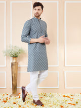 Grey Ethnic Motifs Silk Jacquard Woven Design Straight Kurta with Pyjama