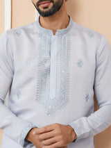 Pastel Blue Embroidered Chanderi Silk Straight Kurta with Pyjama