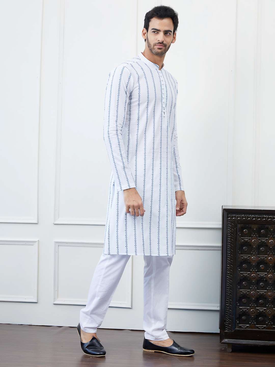 Men White with Blue Linear Pattern Chikankari Embroidered Cotton Kurta Set