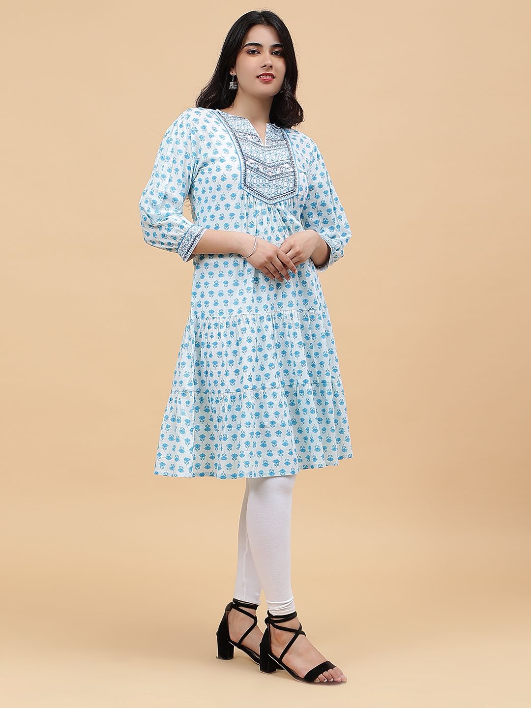 Women Light Blue with Blue Floral Pattern Yoke Design Embroidery Cotton Kurti