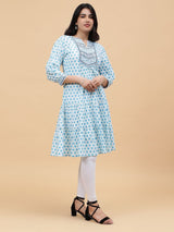 Women Light Blue with Blue Floral Pattern Yoke Design Embroidery Cotton Kurti