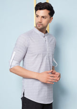 Men Grey & White Geometric Printed Cotton Short Kurta