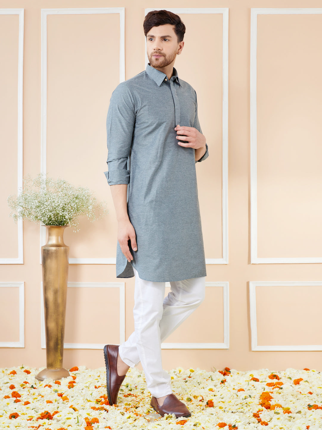 Men Grey Cotton Solid Pathani Kurta with Pyjama