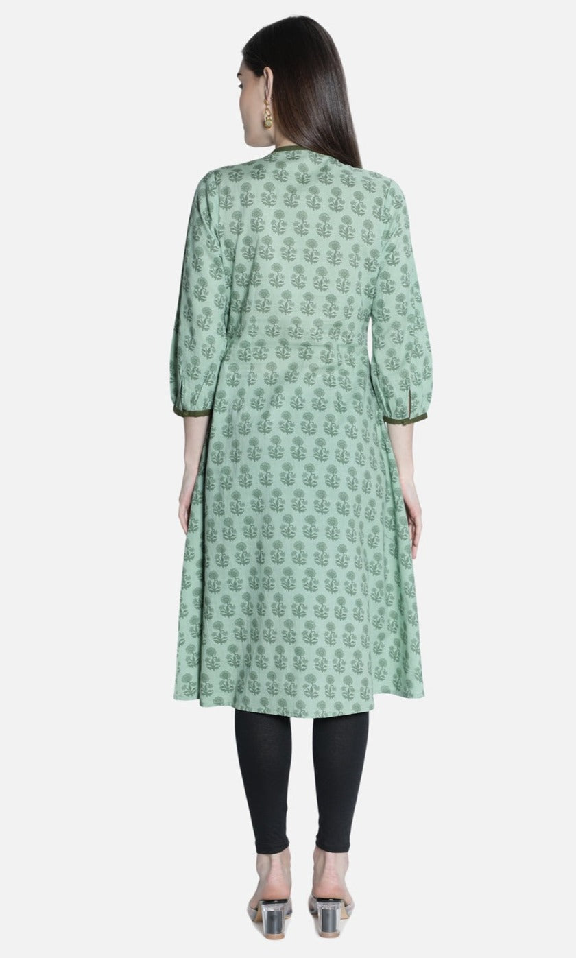 Women Printed Green Floral A-Line Dress