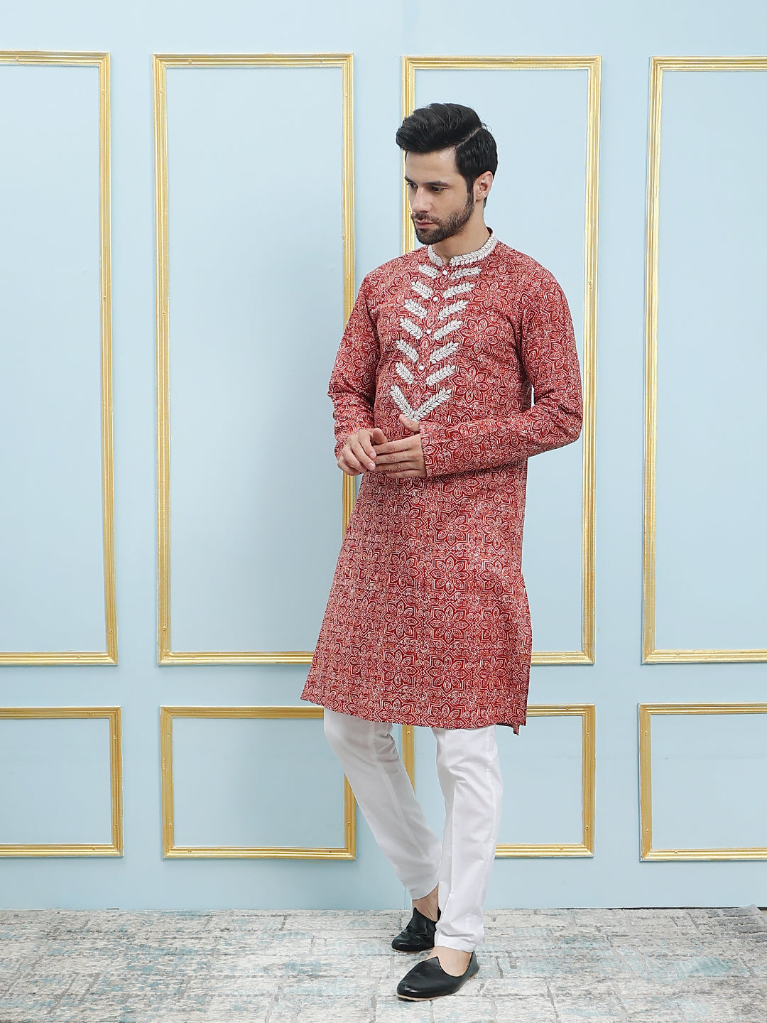 Riwaat.com Men Red & White Embroidery Cotton Kurta Riwaat Embroidered