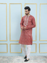 Riwaat.com Men Red & White Embroidery Cotton Kurta Riwaat Embroidered