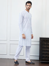 Men White And Blue Chikankari Embroidered Cotton Kurta