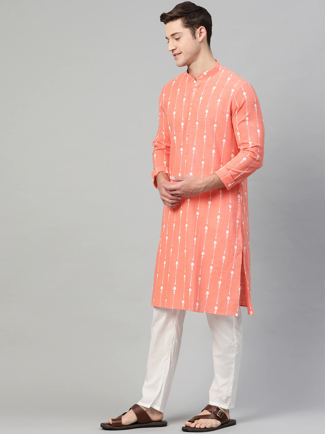 Riwaat.com Men Peach & White Printed Straight Kurta With Pajama Riwaat Printed