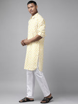 Men Off White Regular Pure Cotton Pathani Printed Men's Kurta
