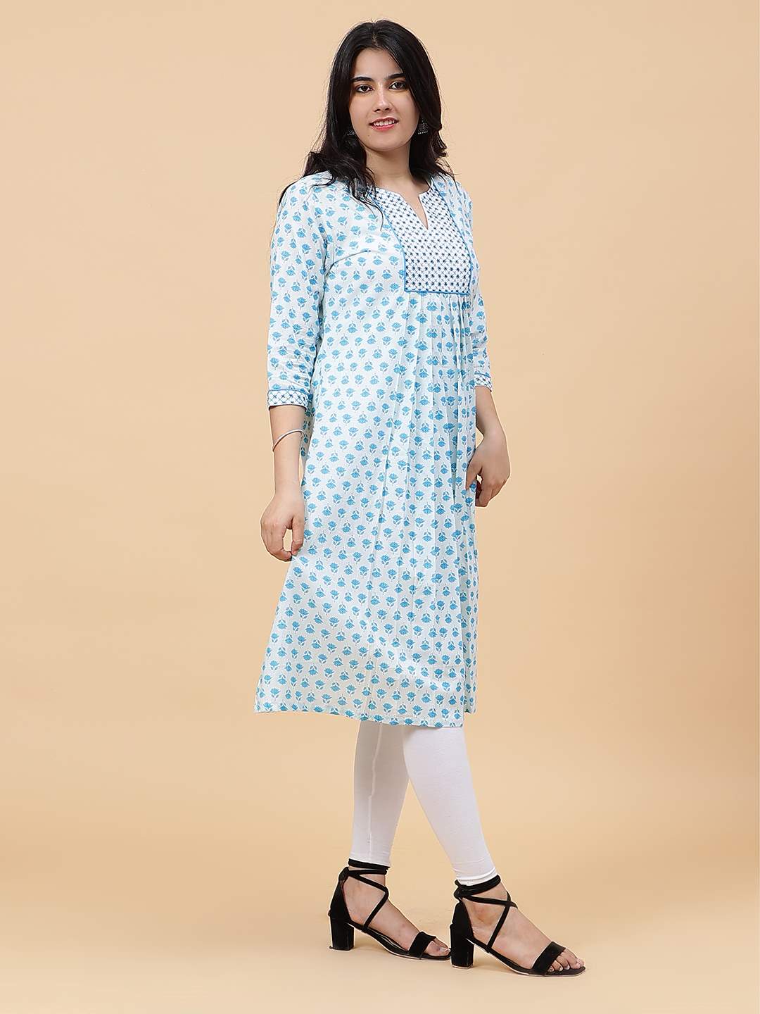 Women Blue And White Floral Yoke Design Embroidery Cotton Kurti