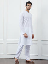 Men White with Subtle Pastel Stripes Kurta and Pajama