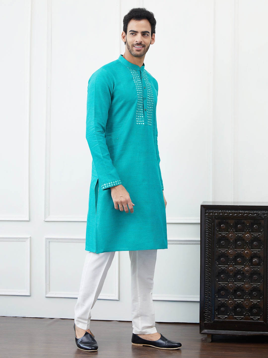 Riwaat.com Men Turquoise Sequence Mirror Work Cotton Kurta Riwaat Embroidered