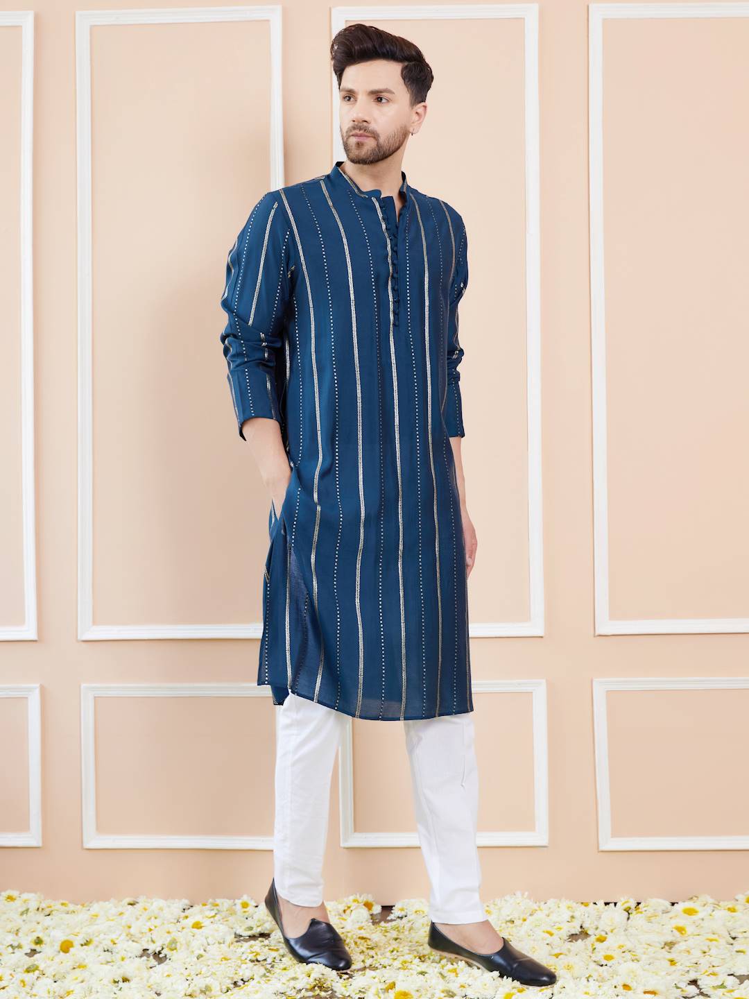 Men Deep Midnight Blue with Gold Stripes Chanderi Silk Sequins Kurta With Pajama