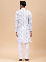 Men White & Grey Pure Cotton Printed Straight Kurta With pyjama