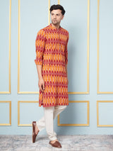 Men Mustard And Orange Ikat Printed Kurta