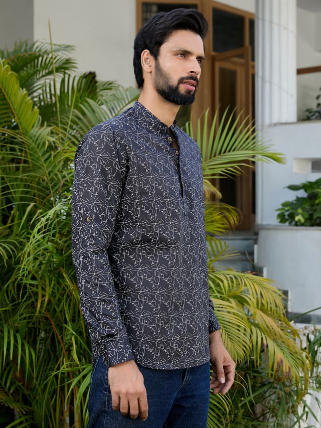 Black Geometric Printed Rayon Short Kurta