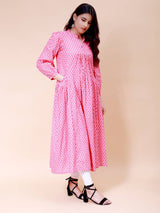 Women Pink And Off White Floral Print Cotton Maxi Dress