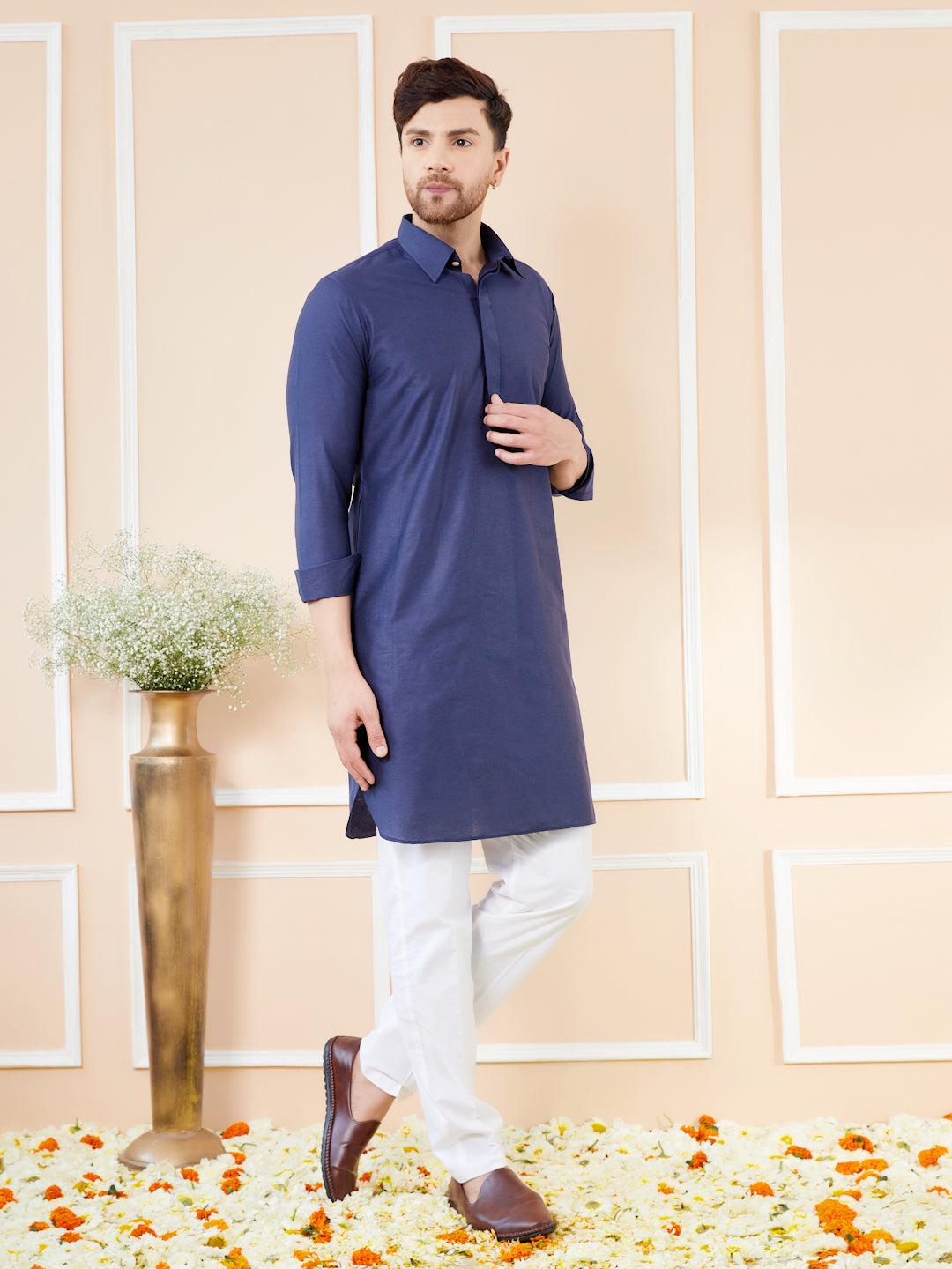 Men Navy Blue Cotton Solid Pathani Kurta with Pyjama
