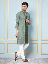 Men Green and White Strip Printed Kurta With pyjama