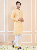 Men Beige Cotton Solid Straight Kurta