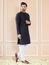 Men Black Cotton Solid Straight Kurta