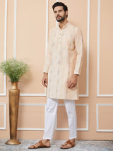 Peach Cotton Handloom Motifs Straight Kurta with Pyjama