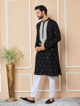 Black Sequins Embroidered Rayon Straight Kurta with Yoke Design and Pyjama