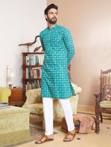 Men Sea Green And White Cotton Leaf Print Straight Kurta With Pajama