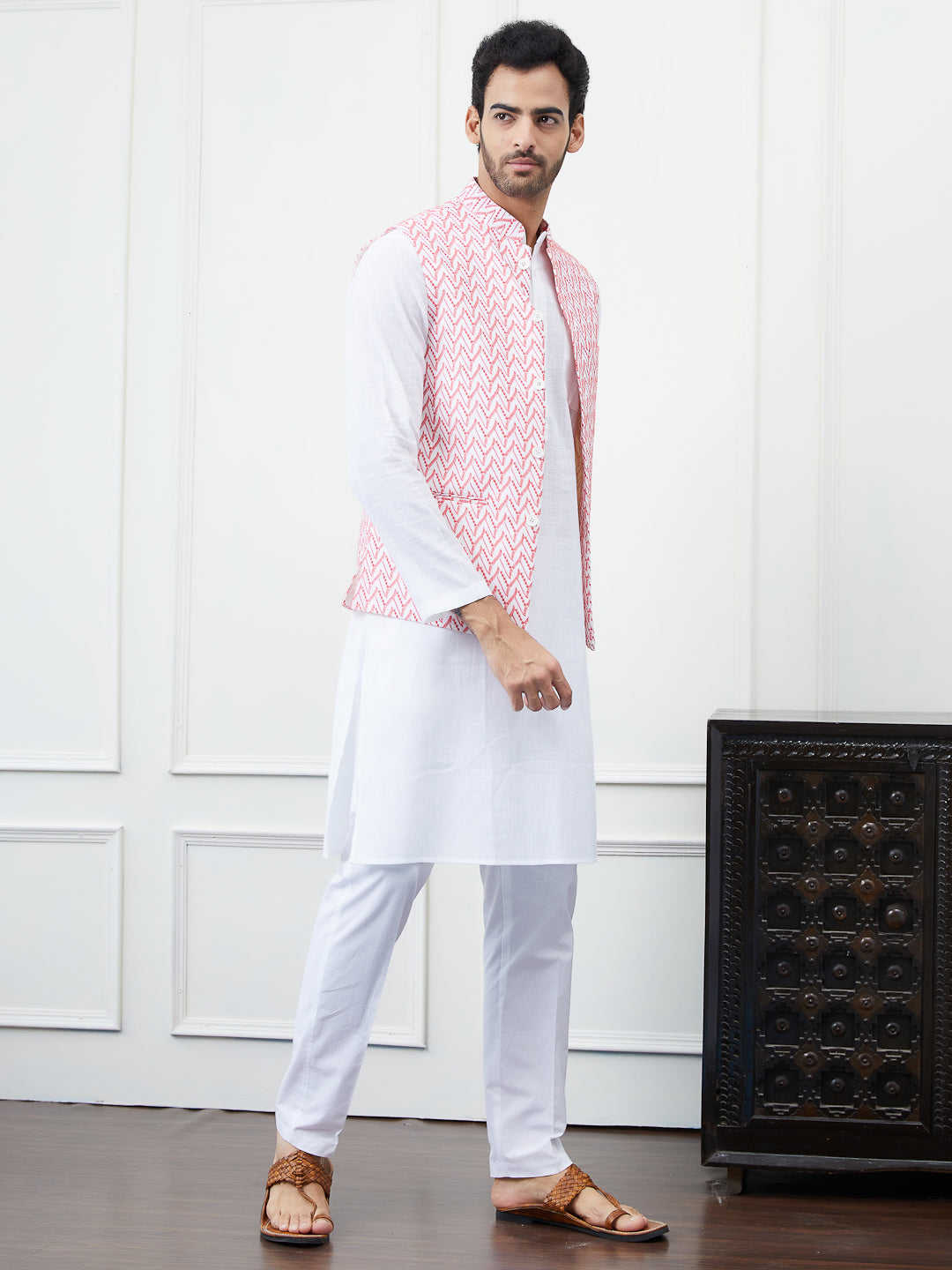 Men White And Pink Color Woven Design Chikankari Embroidery Cotton Nehru Jacket