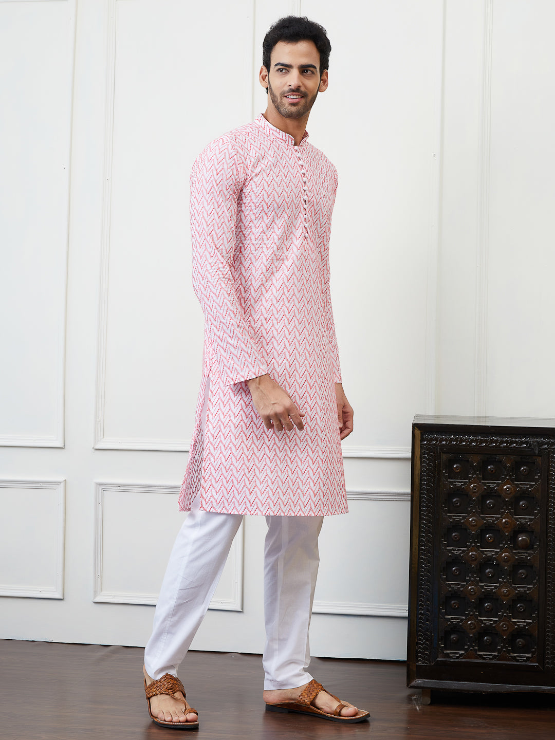 Men Pink And White Chikankari Embroidered Cotton Kurta