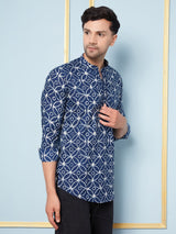 Men Blue & White Printed Cotton Short Kurta