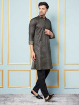 Men Black & Green Woven Design Thread Work Kurta