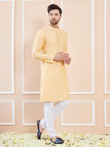 Men Soft Yellow Cotton Solid Straight Kurta With Pajama