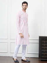 Men White And Orange Chikankari Embroidered Cotton Kurta