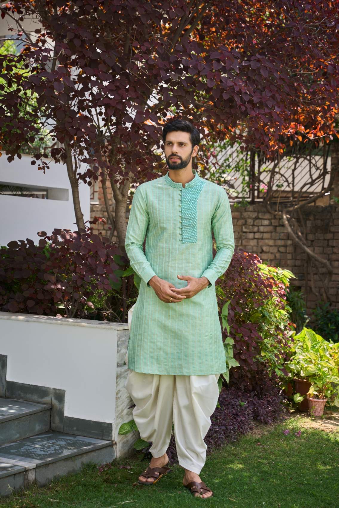 Men Light Green and Turquoise Yoke Design Sequins Kurta